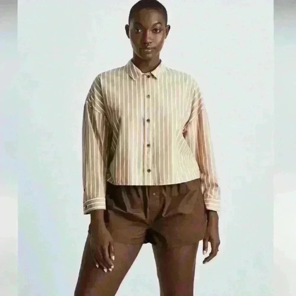 Everlane The Woven PJ Top Brown Stripes Size Small